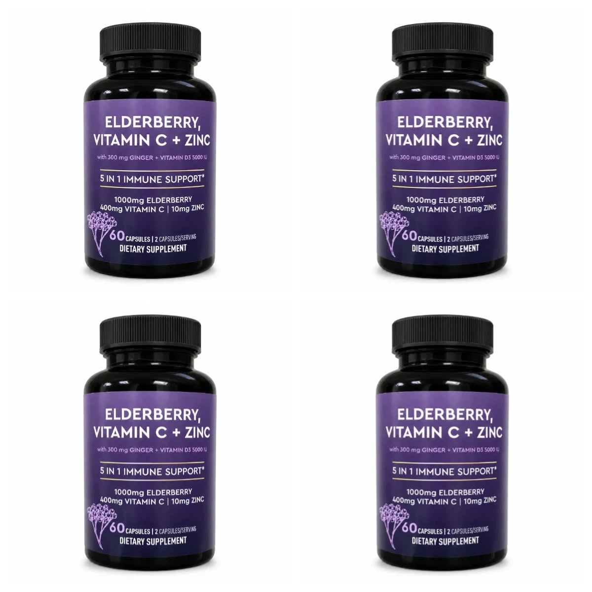 Elderberry Vitamin C Zinc Supplement with D3 5000 IU, Ginger Root Extract Sambucus Nigra Capsules 60 Count