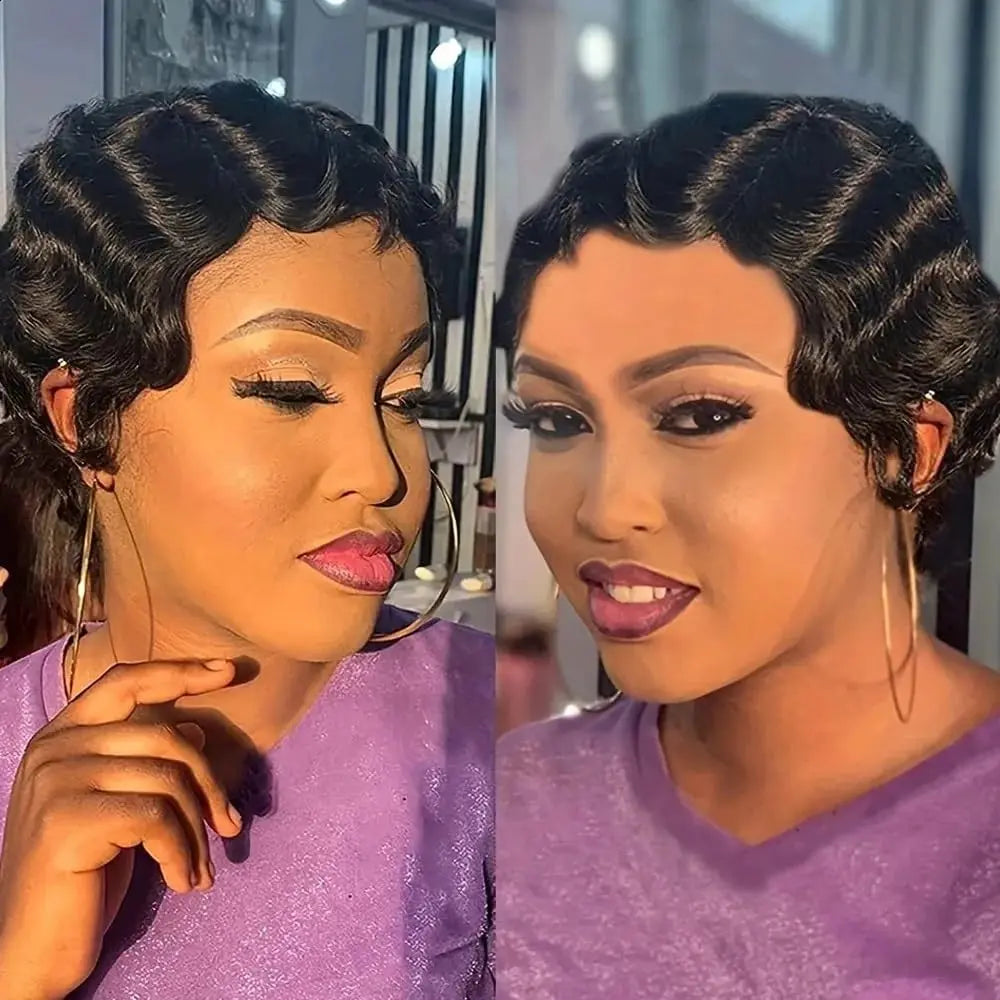 Short Wigs Human Hair Vintage Ocean Finger Wave Pixie Cut Wig for Black Women Glueless Costume Wigs Layered Machine Made No Glue