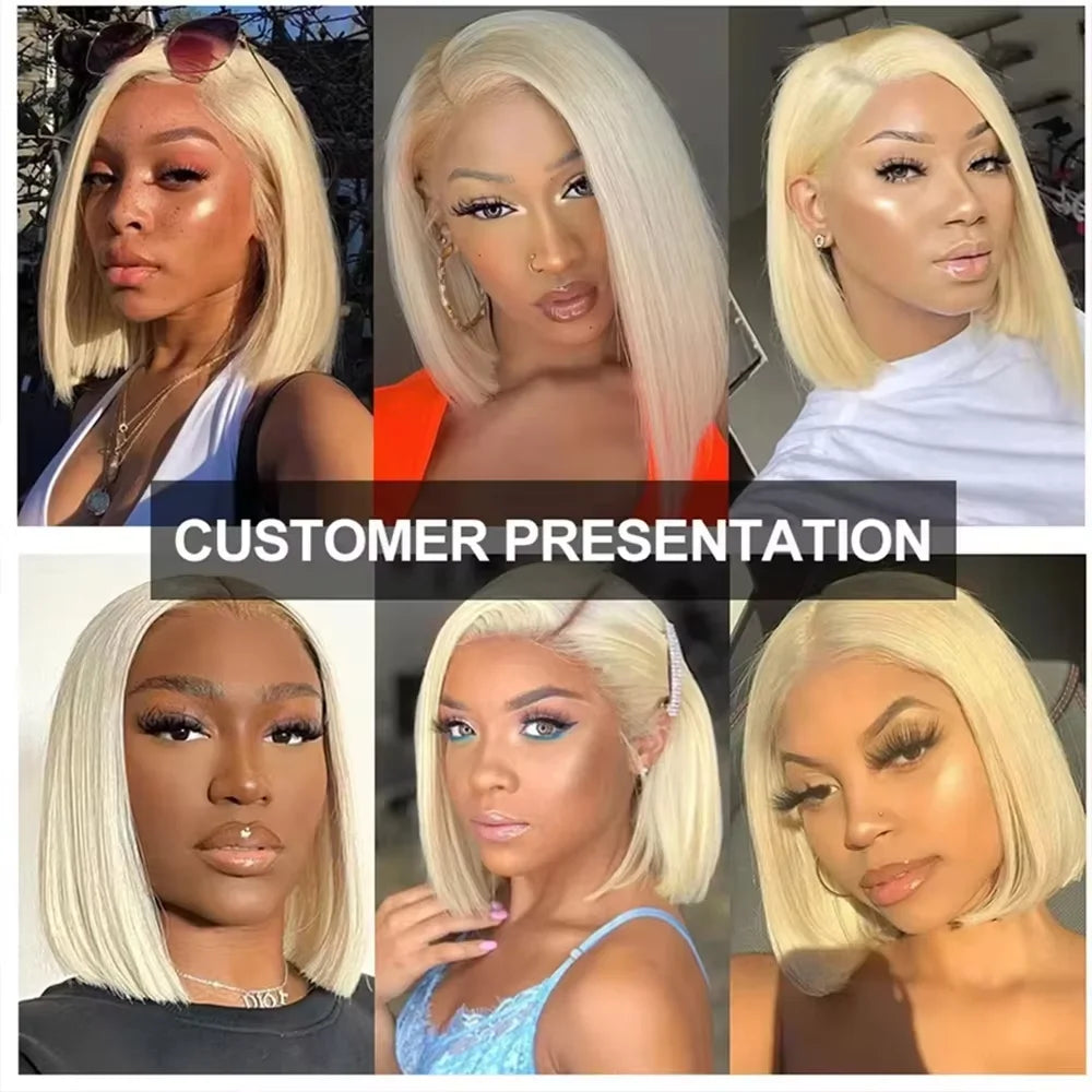 Human Hair Wigs 613 Blonde Colored Straight Short Bob 220% Density 13x6 Full Frontal HD Transparent Lace Pre-plucked 8-14 Inch