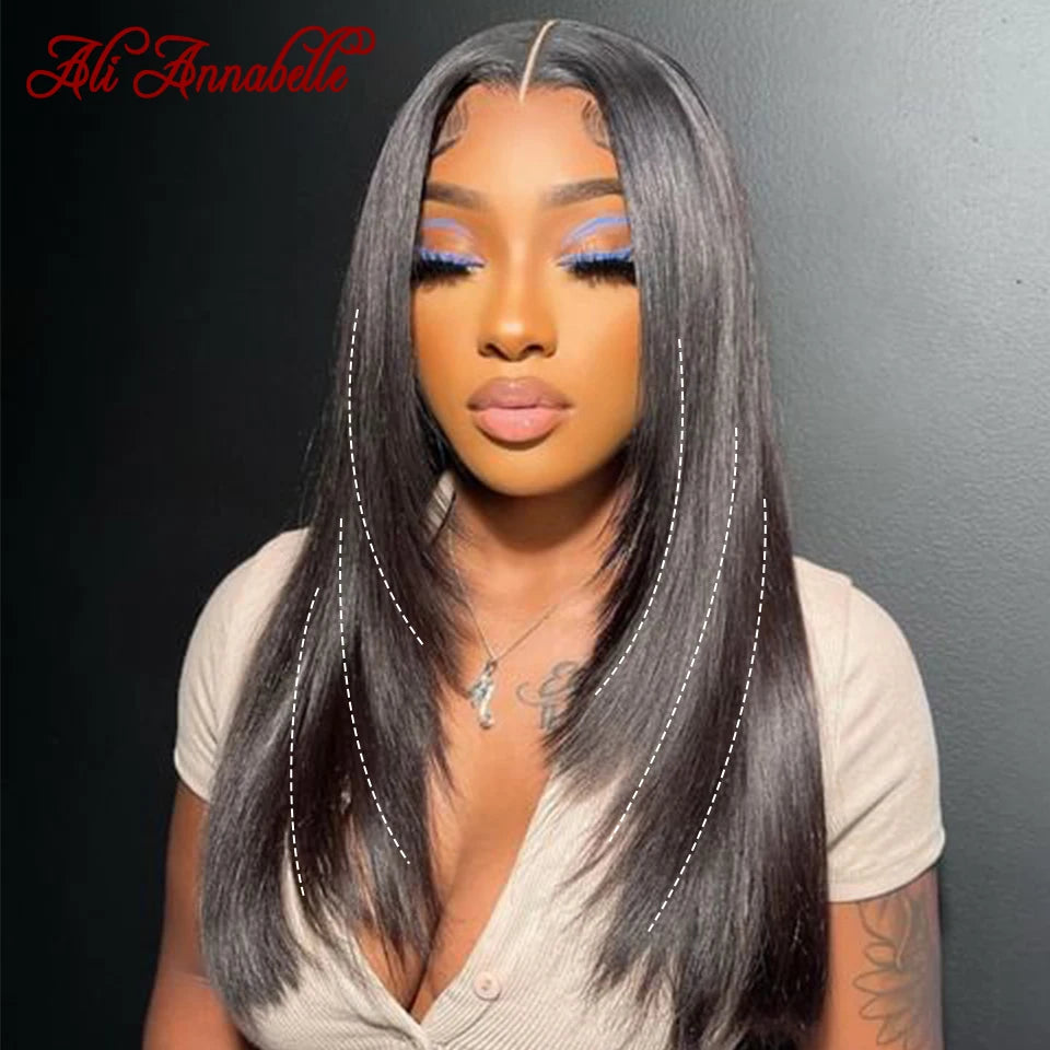 Wear Go Wigs 6x5 Pre Cut Lace Straight Hair Layered Cut Glueless Wigs Human Hair Wigs For Women Ready To Wear Pre Bleached Knots