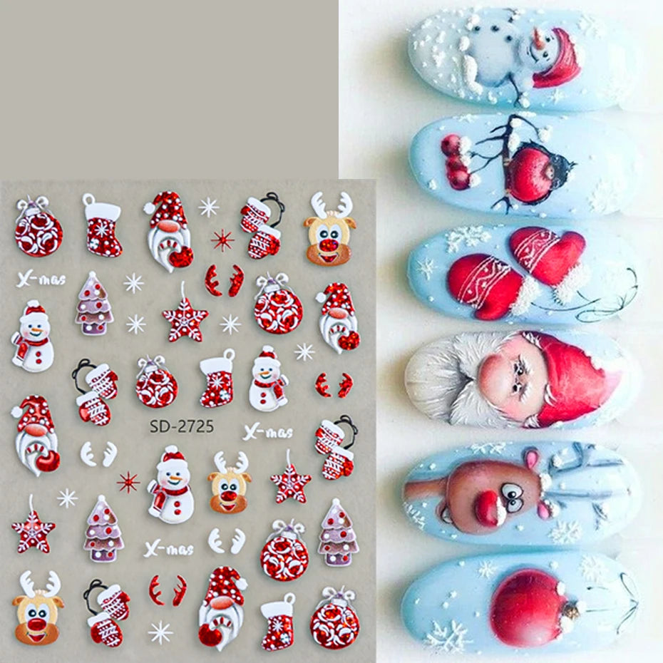 2 pcs Christmas Series Nail Stickers Cartoon Santa Claus Snowman Deer Bear Penguin Nail Decals Winter Xmas Holiday Nail Supplies
