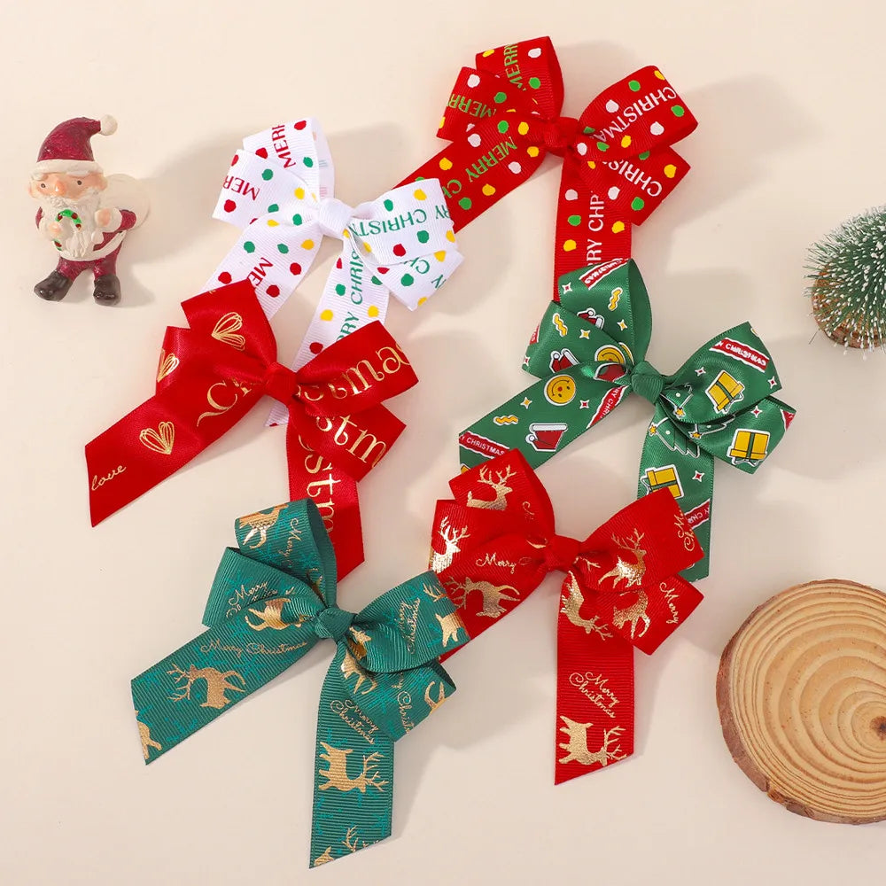 4Pcs Merry Christmas Printed Ribbon Bow Hair Clip Long Tail Barrette Red Green Xmas Tree Deer Pattern Hairpin Girls Headdress
