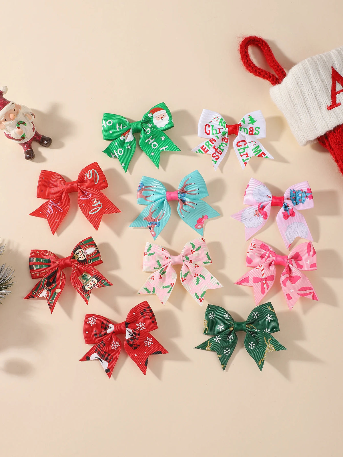 20Pcs New Year Ribbon Bows Hair Clips Set for Baby Girls 2.4' Christmas Elk Santa Bowknots Hairpins Headwear Hair Accessories