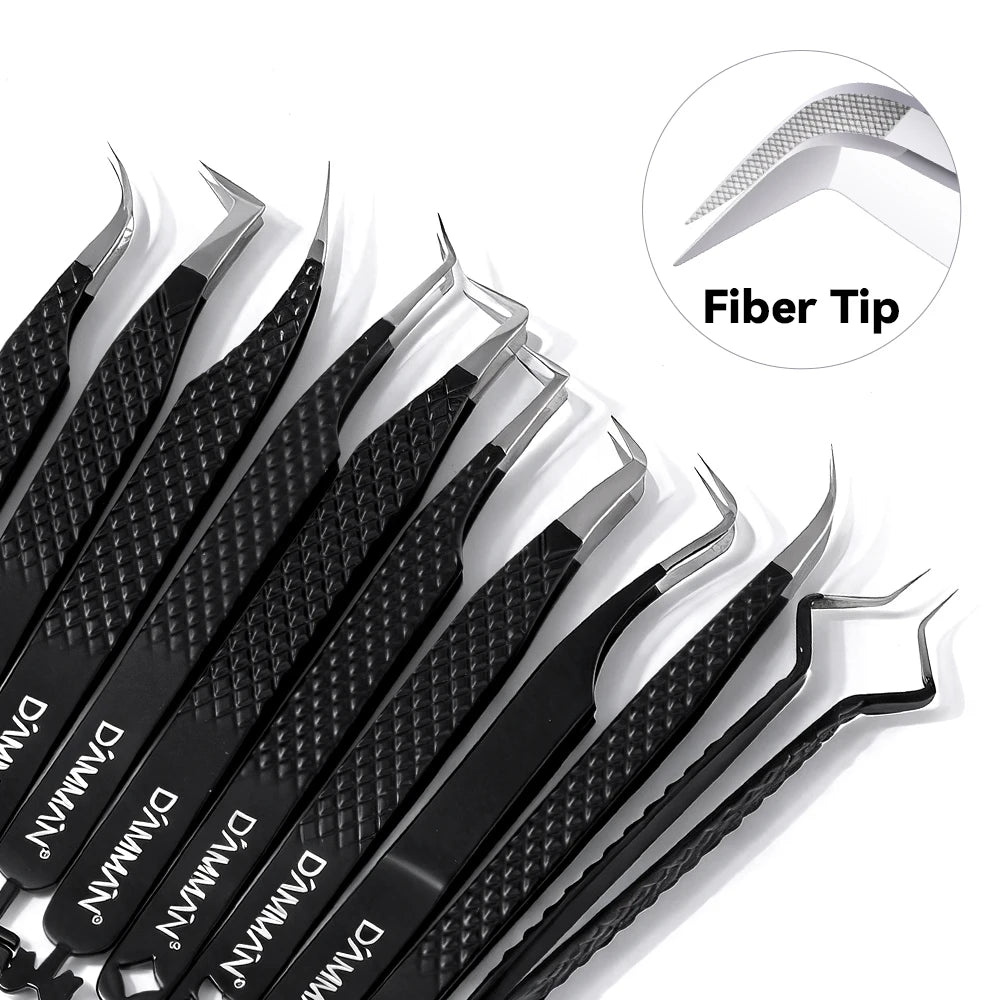 DAMMAN Fiber Tip Lash Extensions Tweezers Professional Eyelash Tweezers Anti-slip Lash Tweezers Eyelash Extension Supplies