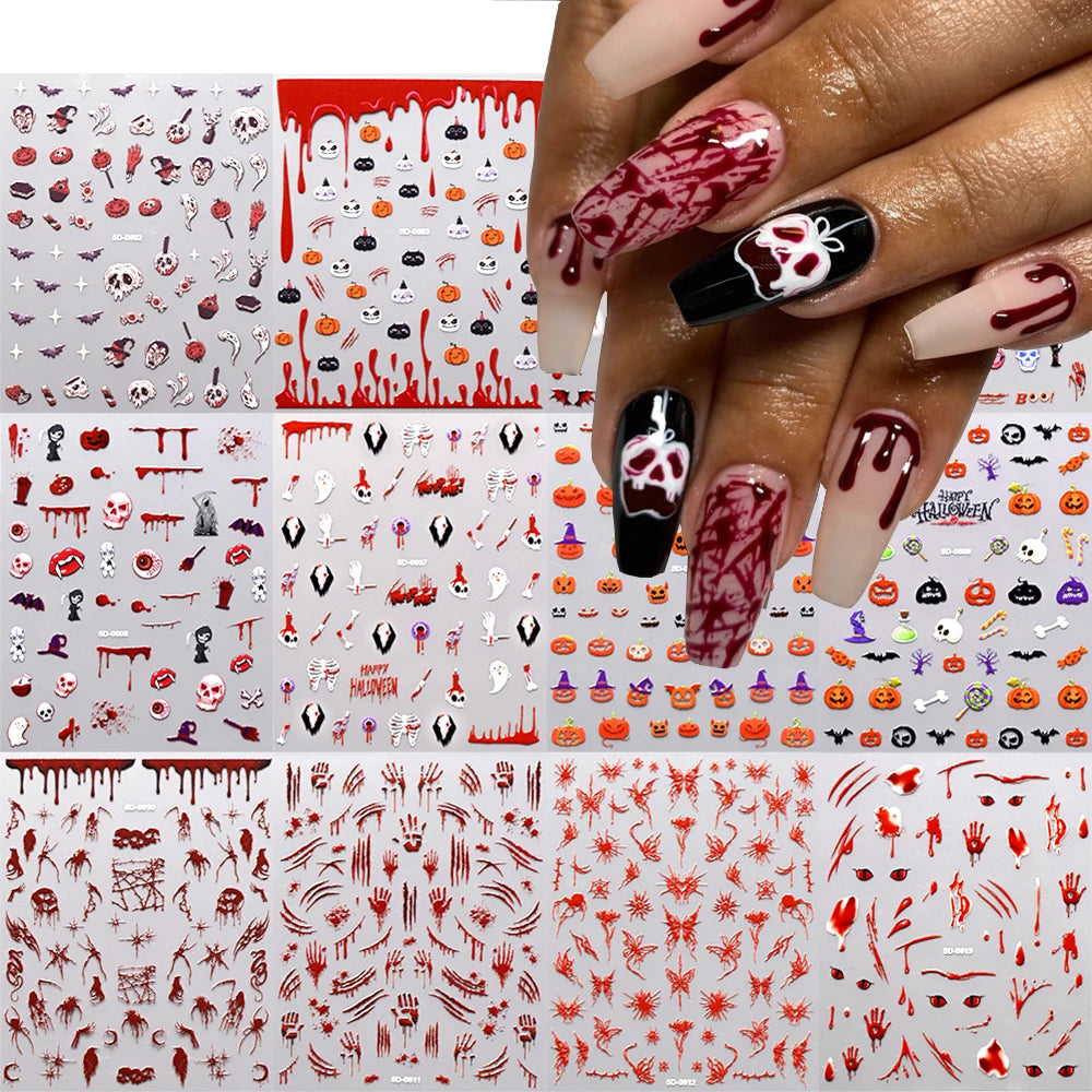 1sheet Bleeding Scars Skeleton Halloween Nail Stickers Ghost Face Pumpkin Eyeball Horrible Nail Decals Halloween Manicure Slider