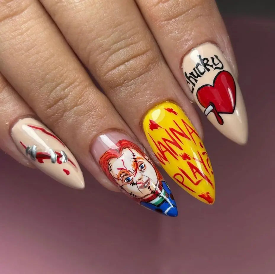 2025 Halloween False Nails European Ghost Witch Pumpkin Almond Fake Nails Tips Wearable Detachable Press on Nails for Women