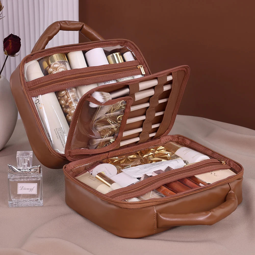 Luxury Checkered Cosmetic Bag For Women Large Capacity Waterproof Makeup Toiletry Bag Brown Melard Travel Wash Storage Bag