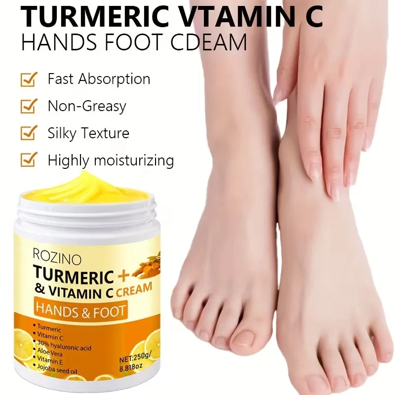 ROZINO Turmeric Vitamin Hand and Foot Cream has a fine and soft texture, and is refreshing and non-sticky when applied. Infused with turmeric and a variety of vitamin nourishing ingredients, it gently repairs fragile skin on