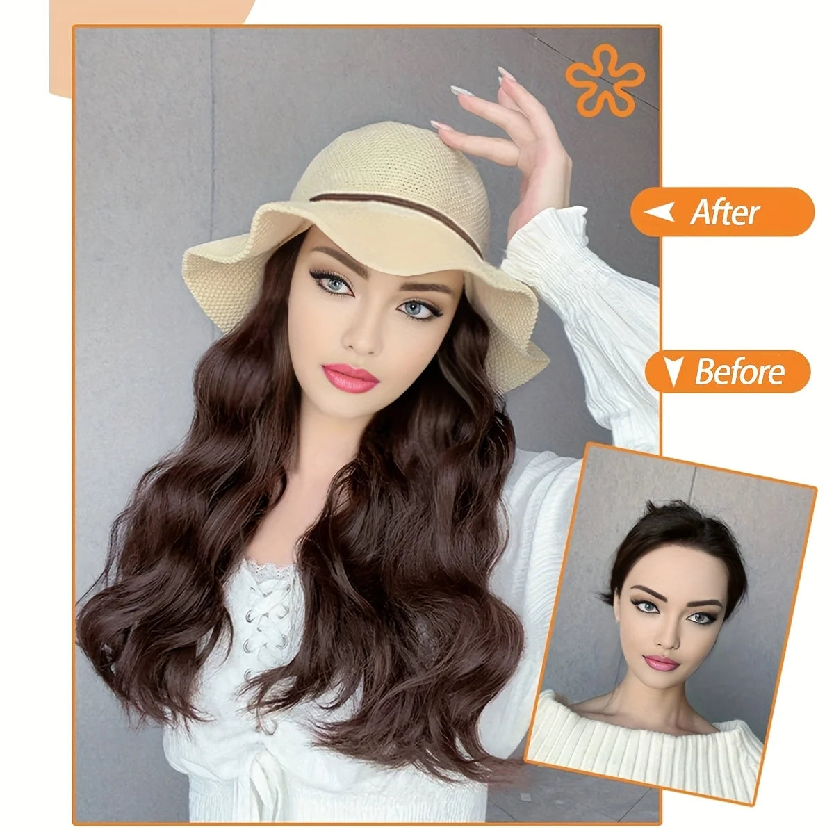 Synthetic Long Curly Wave Hair Women's Summer Sun Hat Wig - Breathable Bow Ribbon Fisherman Hat Wig hat wig in one