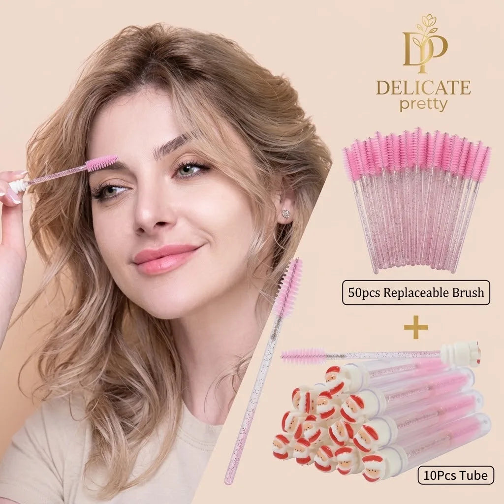10PCS Christmas Mascara Wand in Tube with 50pcs Nylon Bristles for Eyelash Extension and Replacement Eyelash Brush Eyelash Comb