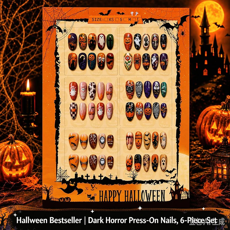 6 Sets Halloween Style Almond-Shaped Press On Nails with of 3D Embossed Pumpkin Bat Checkerboard Ghost Acrylic Fake Nail