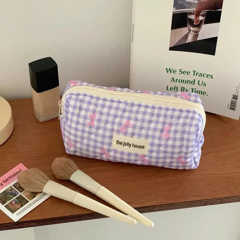 New Cartoon Bow Knot Tote Makeup Zipper Bag Women Large Capacity Quilting Pouch Washbag Cute Portable Cosmetic Storage Bag