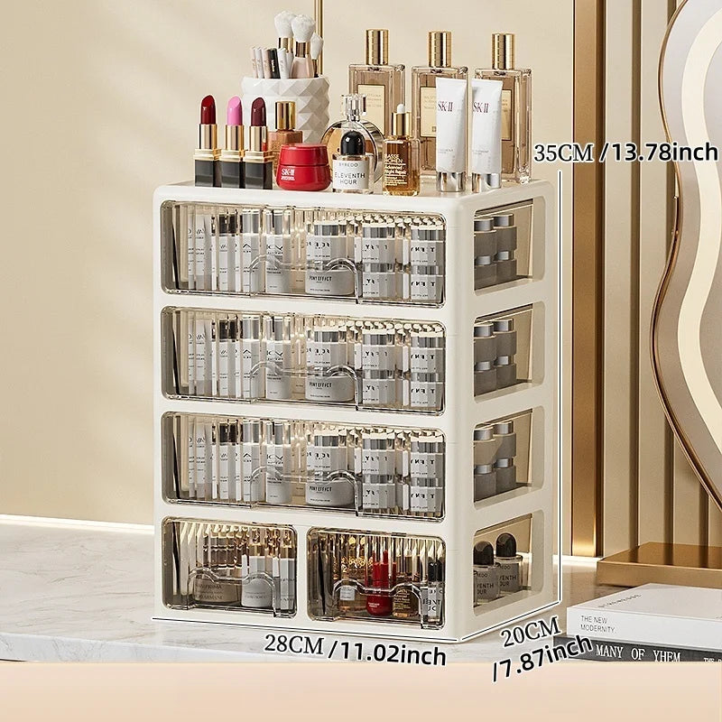 Cream Color Cosmetics Box,Multi-compartment Lipstick/Mask Organizer,Drawer Dresser for Skincare/Makeup Brushes,1–4 tiers