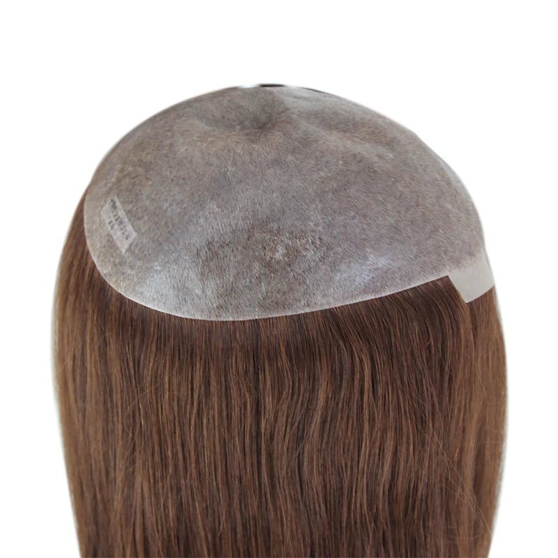 Women Toupee Full PU V Loop Injection Human Hair Wigs Indian Hair Extension Hairpiece System Brown Hair Topper Natural Color 613