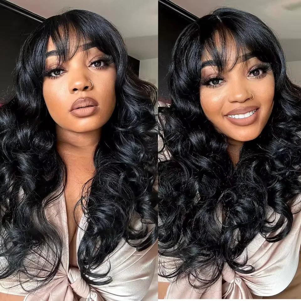 Body Wave Wigs With Bangs Put on go Wigs Human Hair 26inch Glueless Human Hair Wigs Natural Wave Bang Wigs Beginner Friendly