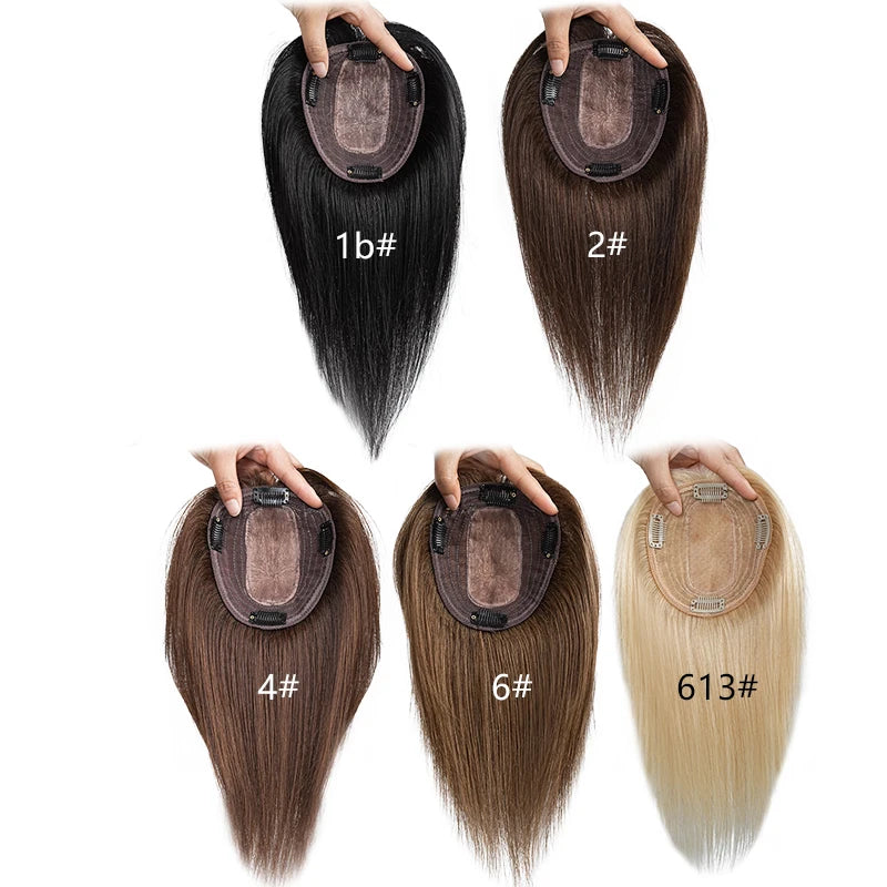 10 Inch 100% Human Hair 13X12cm Hairnet Clip in Hair Topper Extension with Bangs Top Wig Piece for Women Daily Life