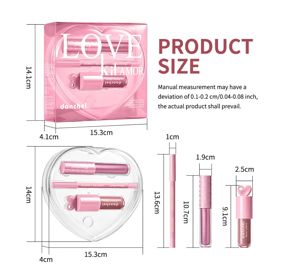 Christmas Gift For Women Lip Makeup Set 3Pcs Lip Cosmetic Kit Heart Shape Plumper Lip Gloss Lip Line Longwear Hydratin