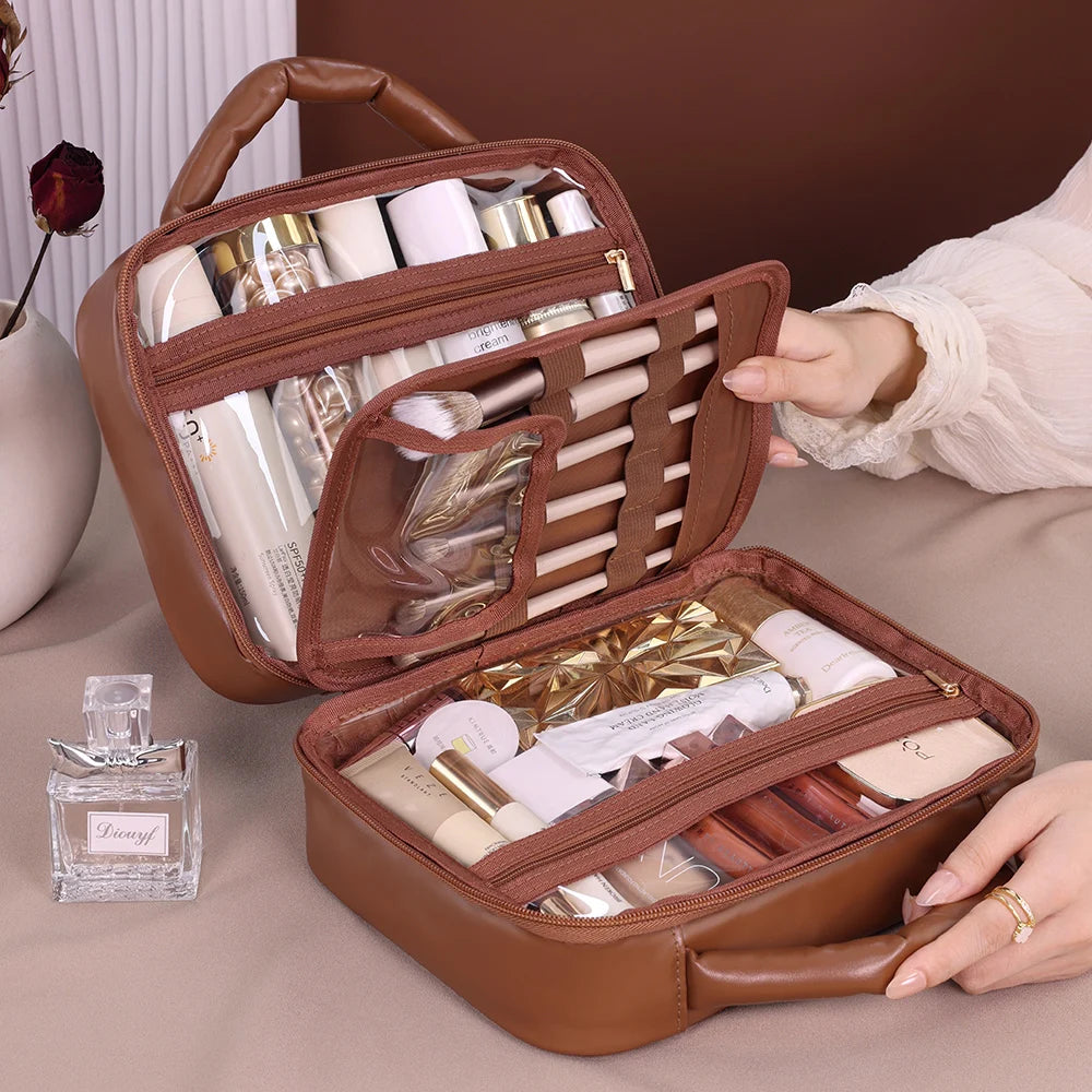 Luxury Checkered Cosmetic Bag For Women Large Capacity Waterproof Makeup Toiletry Bag Brown Melard Travel Wash Storage Bag