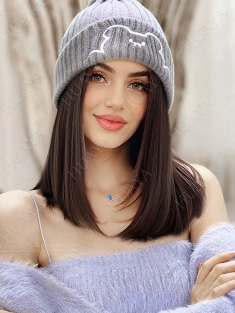 Synthetic Hat Wig Medium Length Straight Hair knitted Hat Wig Hair Extensions Accessories Autumn Winter Cap Warm Velvet Lining