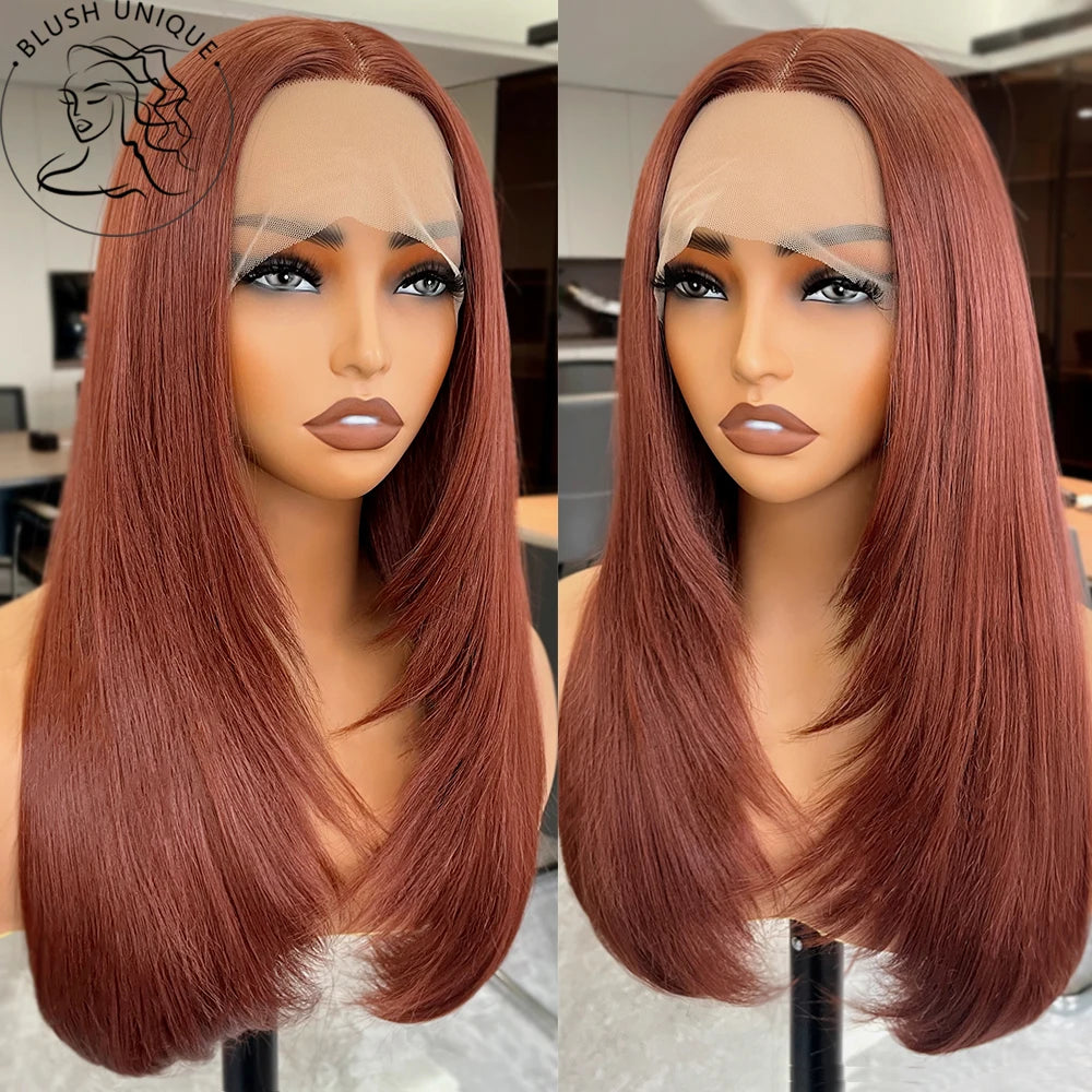 HD Straight Lace Front Wig Layered Wigs Reddish Brown Layered Cut Lace Wigs Copper Red Synthetic Butterfly Haircut Glueless Wigs