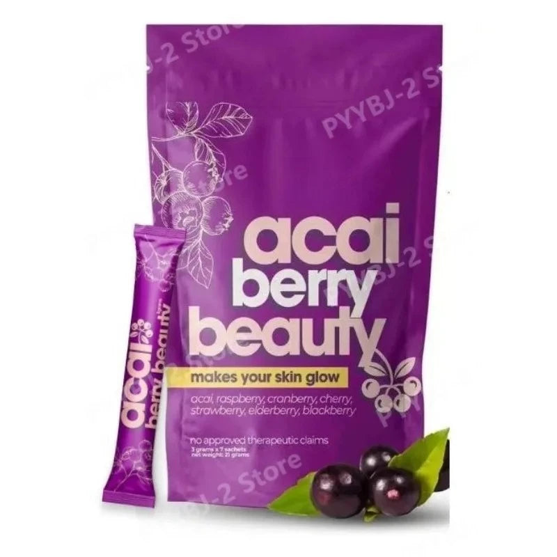 Beauty Berry Drink Powder for Daily Glow Support | Acai Raspberry Cranberry Elderberry Blend | 7 Sachets | Natural Antioxidant