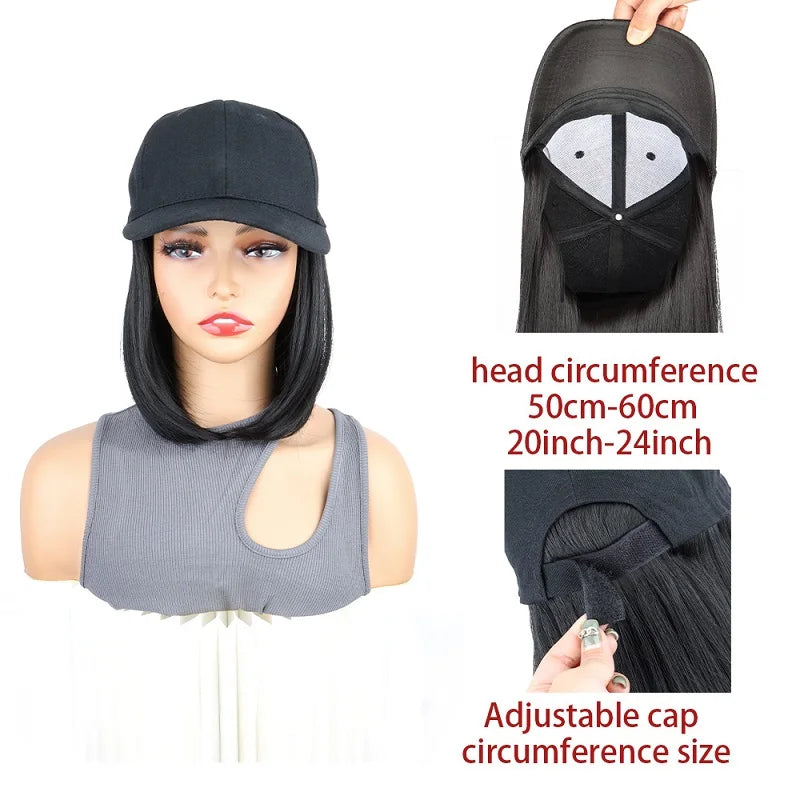Synthetic Short Straight Bobo Hat Wigs Baseball Cap Adjustable Black Brown Hairpiece for Women