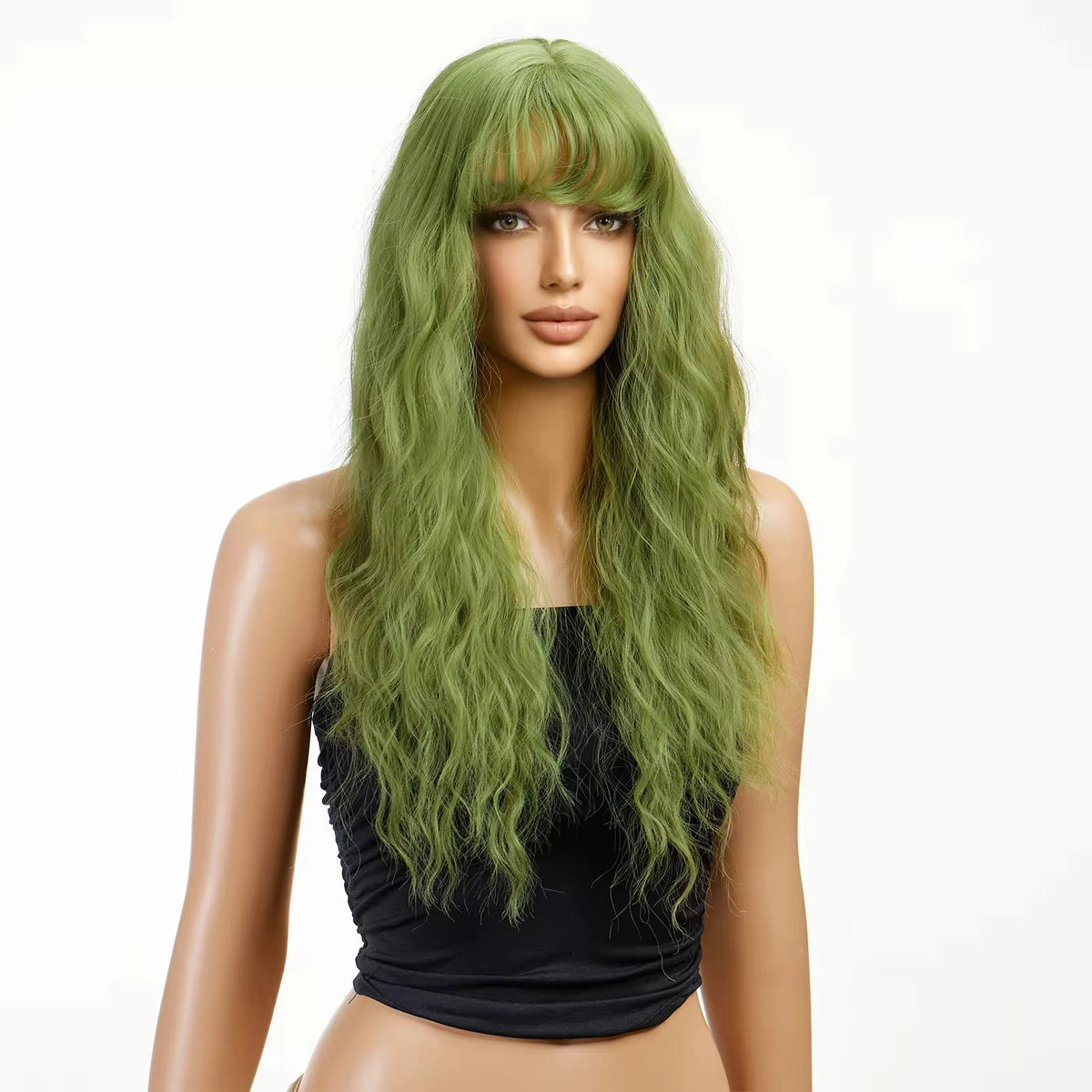 HENRY MARGU Light Green Curly Synthetic Wigs Long Colorful Wig with Bangs Heat Resistant Fiber for Cosplay Party Women Girls Use