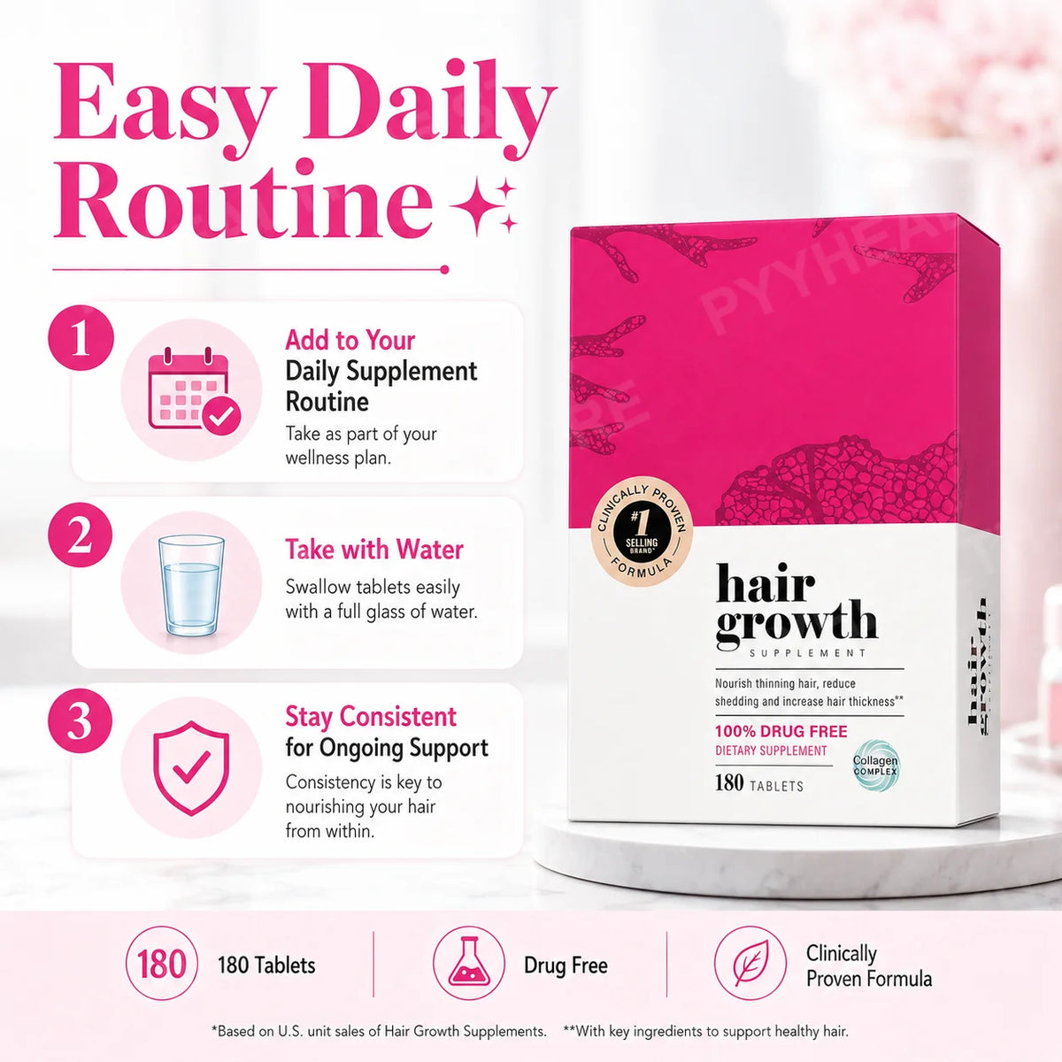 Hair Support Supplements for Women, Thicker Fuller-Looking Hair Beauty Support, with Biotin and Marine Collagen, 180 Tablets