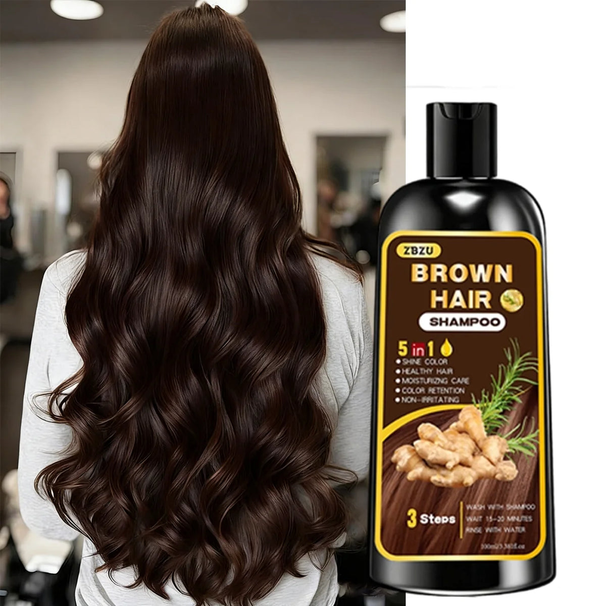 New Hair Dye Shampoo 5-in-1, Containing Ginger and Biotin. Long-Lasting Color Retention and Coverage of Gray Hair. Long-Lasting