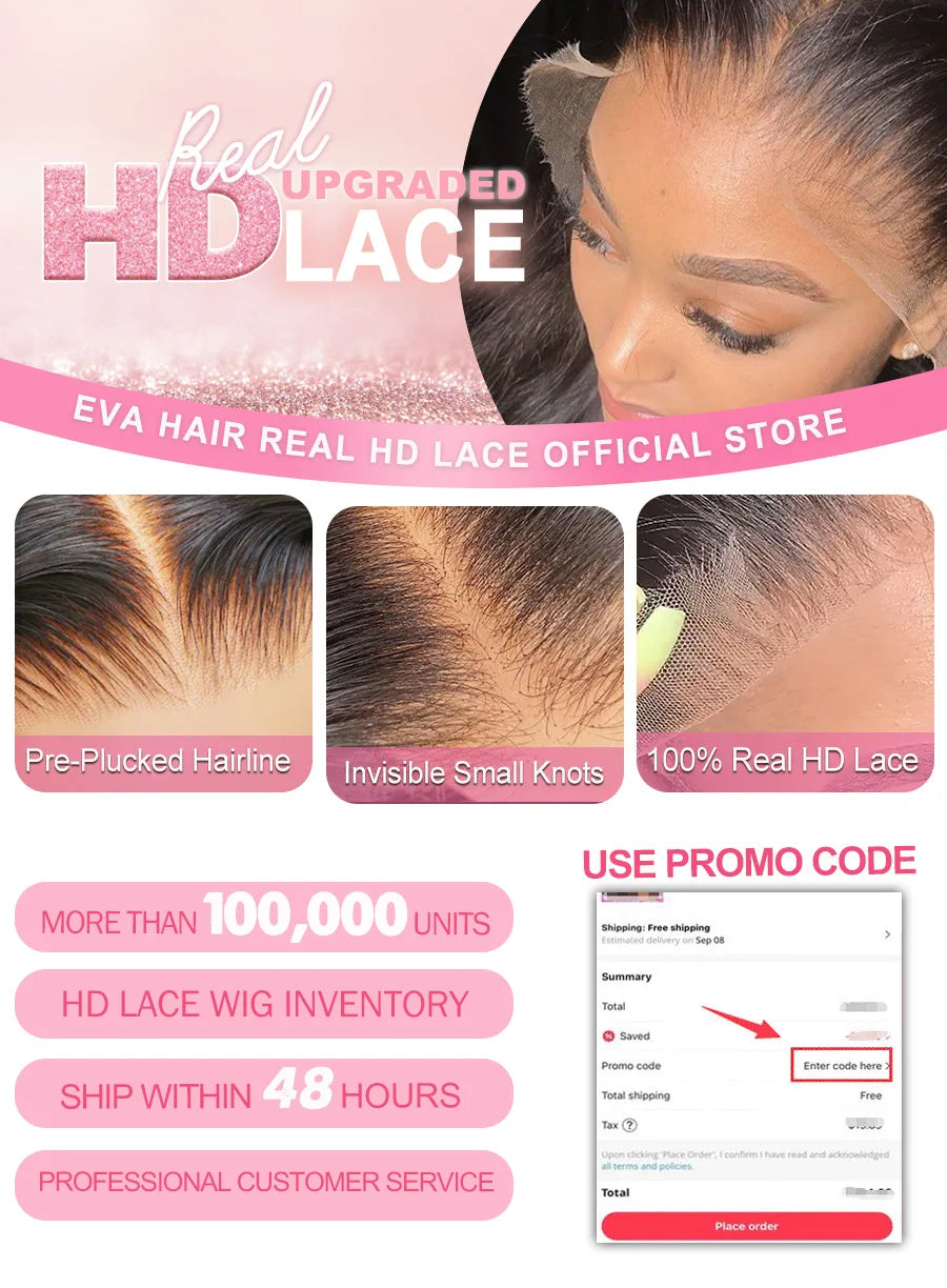 Eva 13x6 HD Lace Full Frontal Wig Silky Straight 180% Pre Plucked HD Lace Wig Invisible HD Lace Melt Skins Glueless Closure Wig