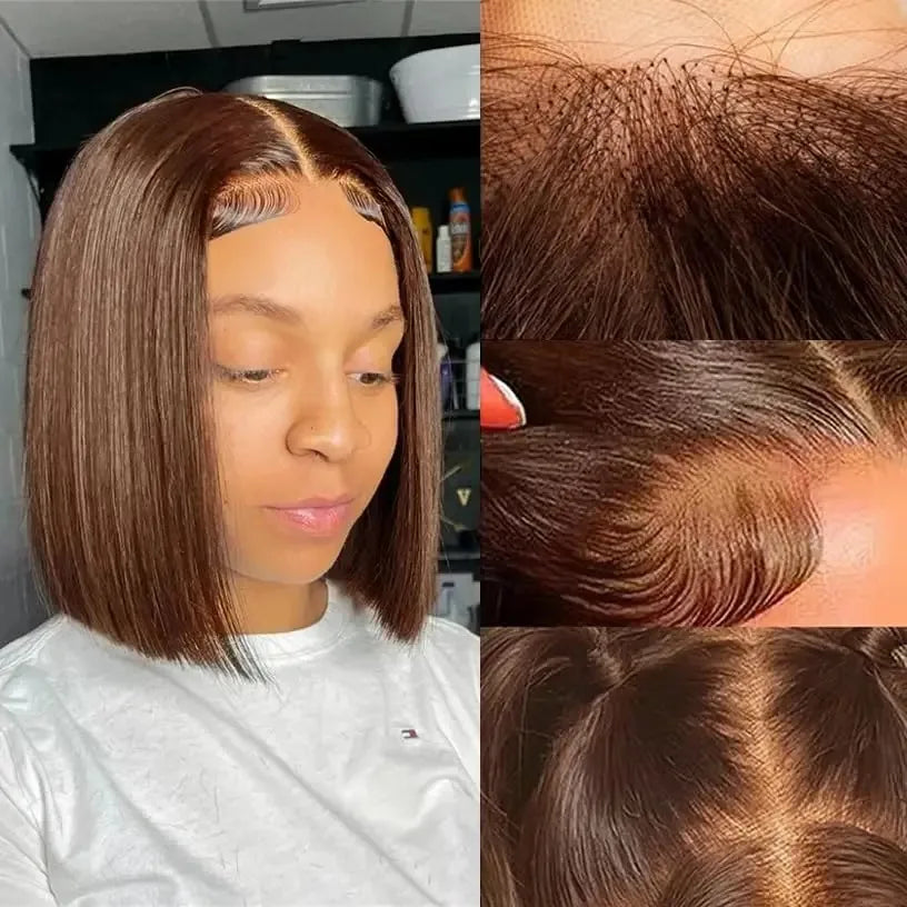 13X4 Chocolate Brown Straight Bob Wig 4X4 Silky Straight HD Lace Frontal Wig Natural Hairline Pre Plucked Human Hair 100% 16Inch
