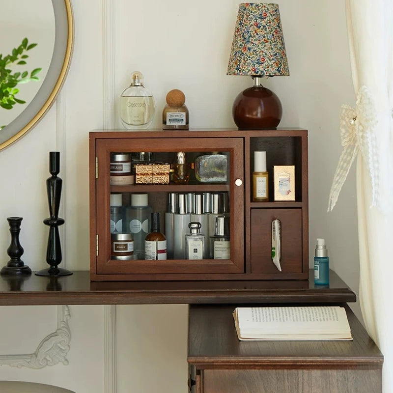 Mid Century Solid Wood Cosmetic Storage Box Drawer Organizer for Perfume Skincare Desktop Vanity Cabinet Rustic Makeup Holder