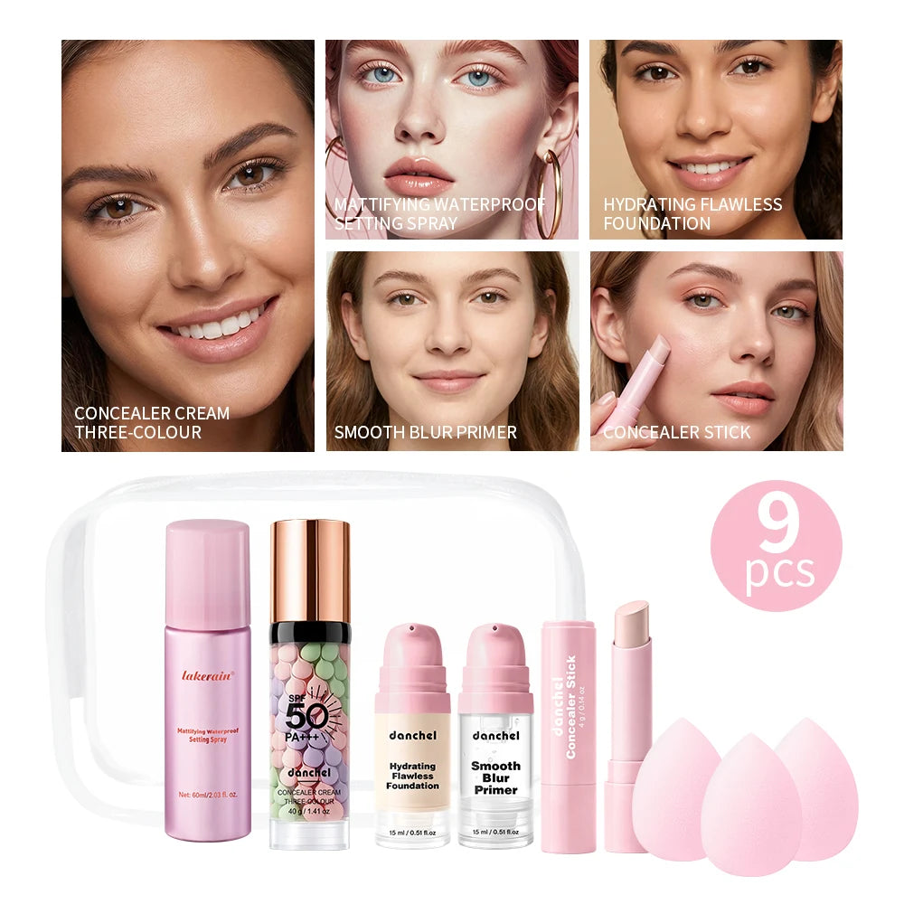 9Pcs Full Face All In One Base Makeup Set Isolation Cream Liquid Foundation Setting Spray Primer 3Pcs Powder Puff Concealer