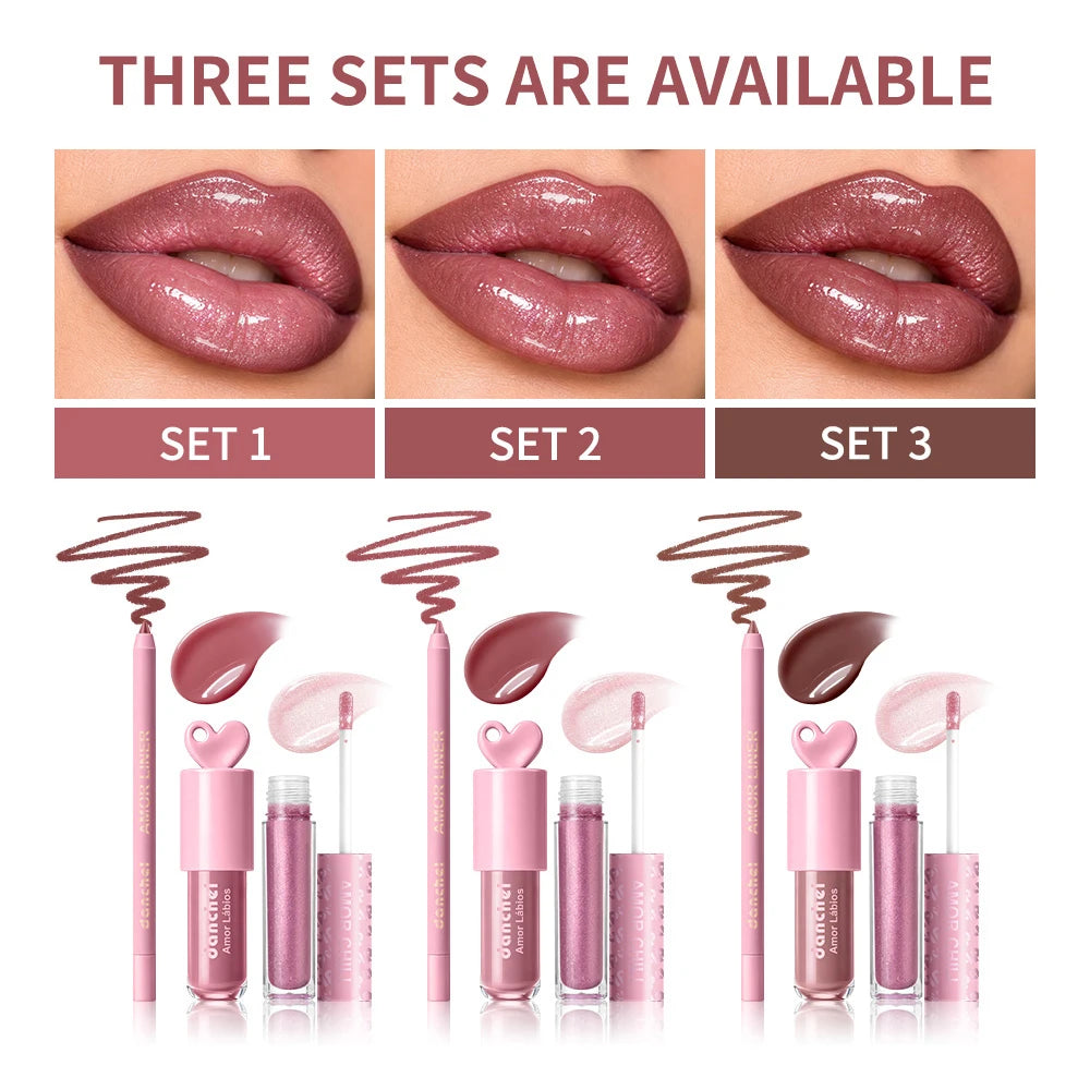 Christmas Gift For Women Lip Makeup Set 3Pcs Lip Cosmetic Kit Heart Shape Plumper Lip Gloss Lip Line Longwear Hydratin