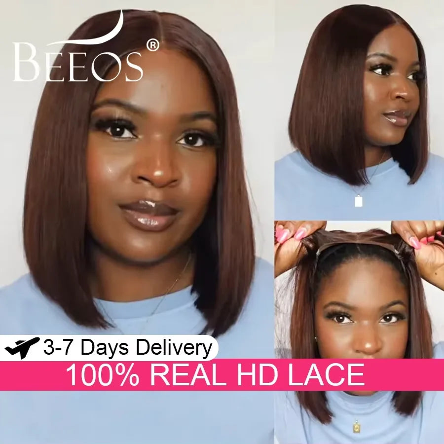 250% Chocolate Brown Short Bob Wigs 5X5 Real HD Lace Closure Wigs Human Hair 4# color Wear & Go Glueless Wig Invisible Remy Hair