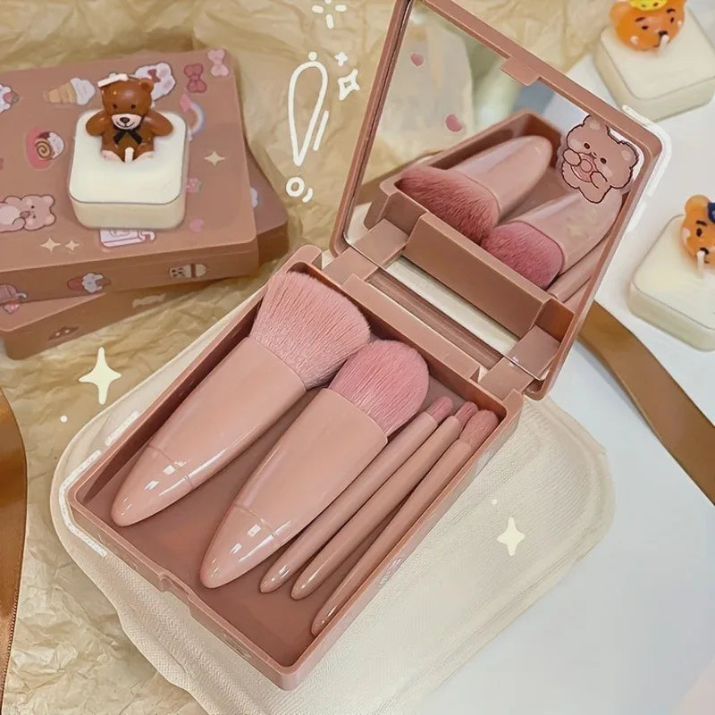 1sets 5Pcs Portable Makeup Brush Set With Mirror - Foldable Travel Kit ，Mini Makeup Brush Set Travel Makeup Brush Set