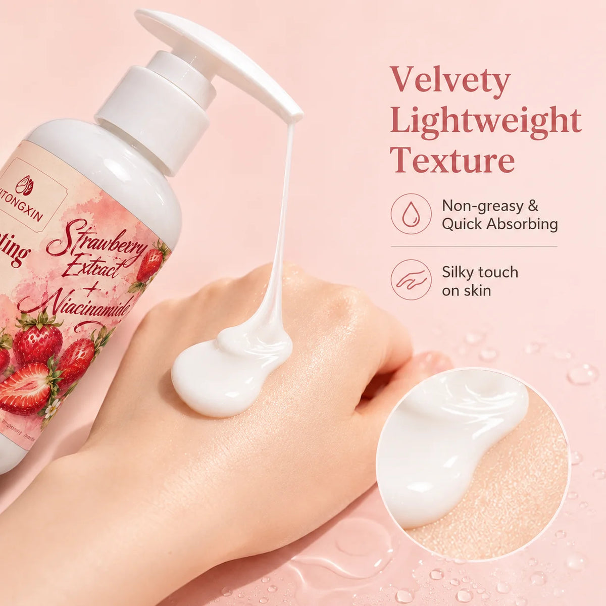 Hydrating Body Lotion with Strawberry Extract & Niacinamide, Moisturizing Brightening Body Cream for Dry Skin, Fast Absorbing