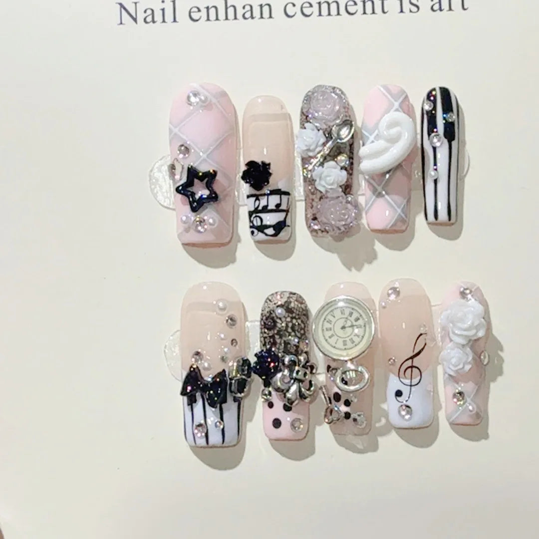 10pcs Handmade Long Coffin Press on Nails Halloween Cyberpunk Dark Rivet Design False nails European Heavy Metal Fake Nail Tips