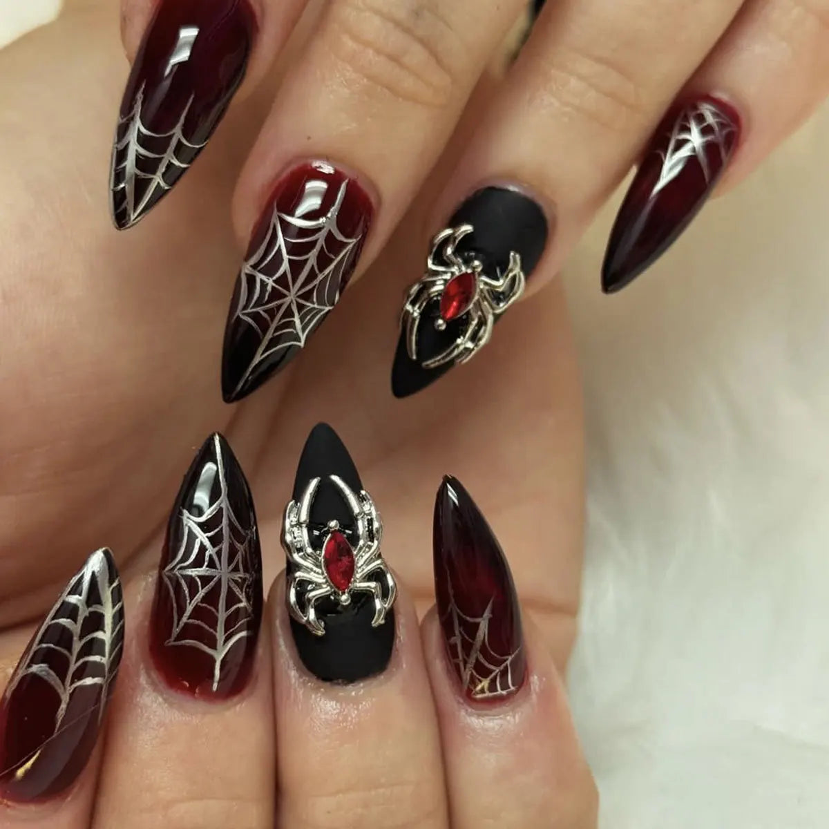24Pcs Gothic Halloween Press on Nails Long Stiletto 3D Spiral Black‑Red Gradient Glossy Full Cover Fake Nails for Cosplay Party