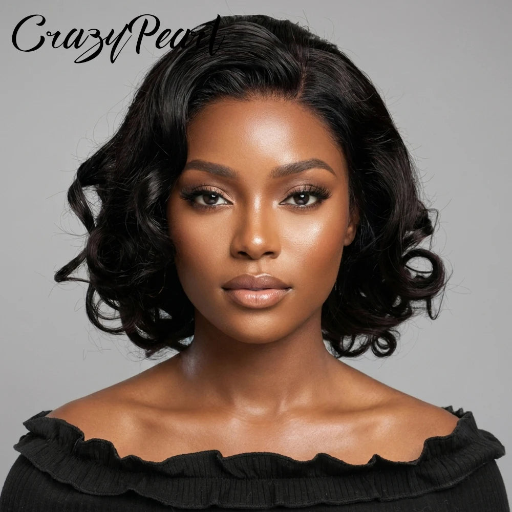 CrazyPearl Finger Wave Bob Lace Front Wig Human Hair Rose Short Vintage S-Curve Wavy Black HD Transparent Lace Wigs for Womem