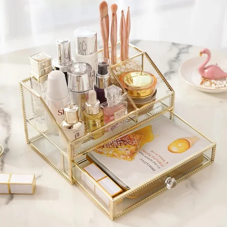 Golden Glass Cosmetic Storage Box Makeup Organizer Perfume Bathroom Make Up Tools Box for Cotton Pads Jewelry Display Rack
