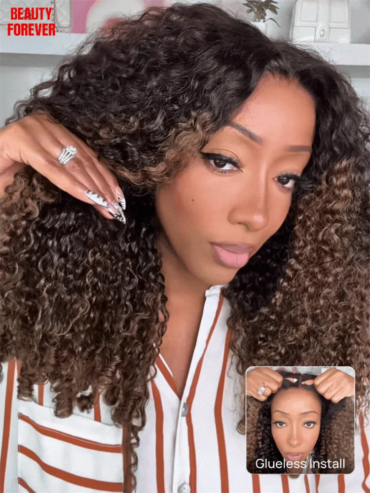 Beautyforever Burmese Curly Glueless Wig Finger Coily Ends 100% Human Hair Black to Chestnut Brown 7x5 Pre Cut Lace Wig 180%