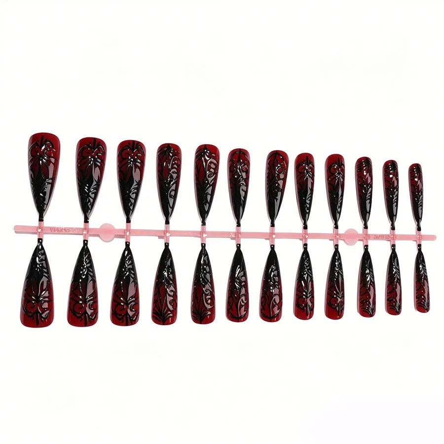 24Pcs Fake Nails Halloween-Themed Long Pointed Nails with Embossed Blood-Red Spider Web Gradient Design Press-On Nails