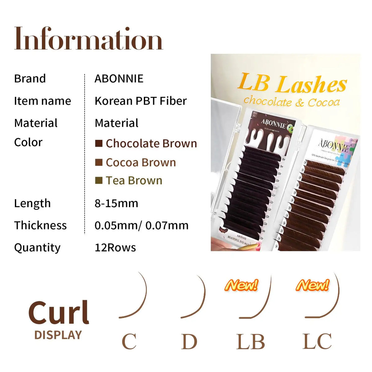 ABONNIE LB LC Curl Cocoa Brown Chocolate Brown Classic Eyelashes Extensions 0.05/0.07 Individual Soft Natural False Lashes