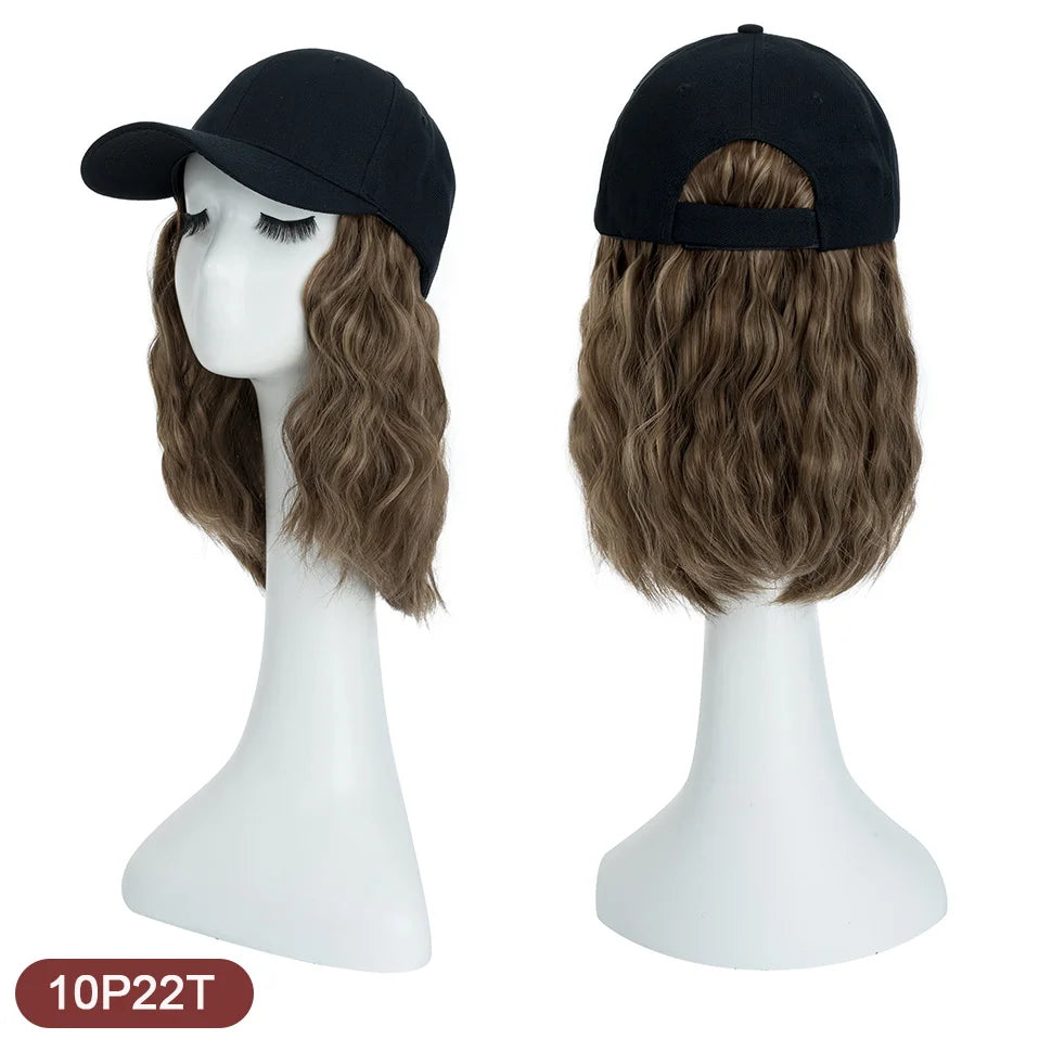 Benehair Hat Wig for Women 8 Inches Wave Baseball Cap Wig with Curly Hair Extensions Wig Synthetic Wave Wig Hat Adjustable Brown