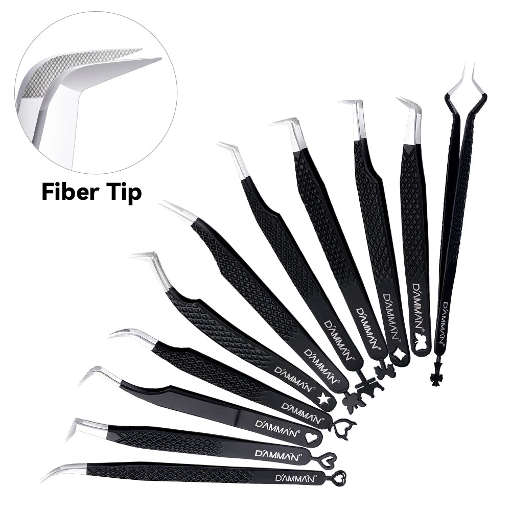 DAMMAN 3PCS Lash Tweezers Set Fiber Tip Tweezers for Eyelash Extension High Precision Eyelash Tweezers with Leather Case
