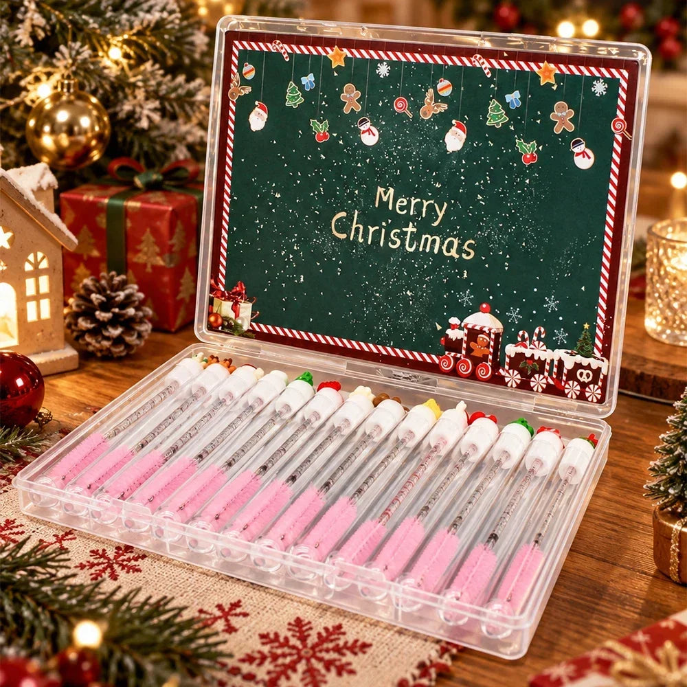 14pcs Gift Box Christmas Mascara Eyelash Brushes Set - Santa Snowflake Design Mascara Wand Makeup Brushes, Travel Eyelash Brush