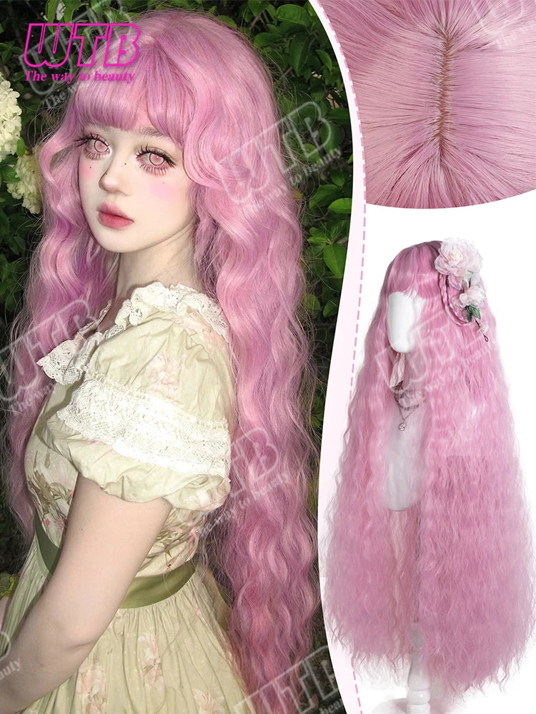 Synthetic Wig Pink Extra Long Wavy Curly Wig Lolita Wig with Bangs Suitable for Women to Wear for Holidays Parties and Cosplay