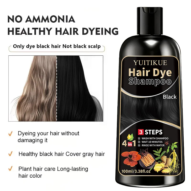 YUITIKUE Black Hair Dye Shampoo - Ammonia-Free, Gentle Formula For Covering Gray Hair, Plant-Based Hair Care, 100ml