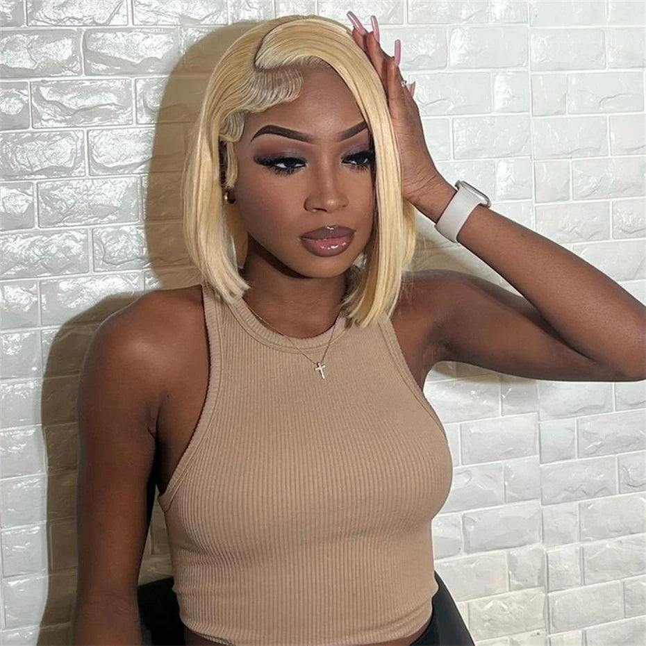 Short Bob Wig Human Hair 13x4 13x6 Transparent Lace Front Human Hair Wigs For Women 613 Honey Blonde Color Lace Frontal Wigs Pre Plucked 220% Density 10 12 14 inch Straight Brazilian Hair
